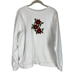 Vintage Christmas Poinsettia embroidered crew neck sweatshirt
